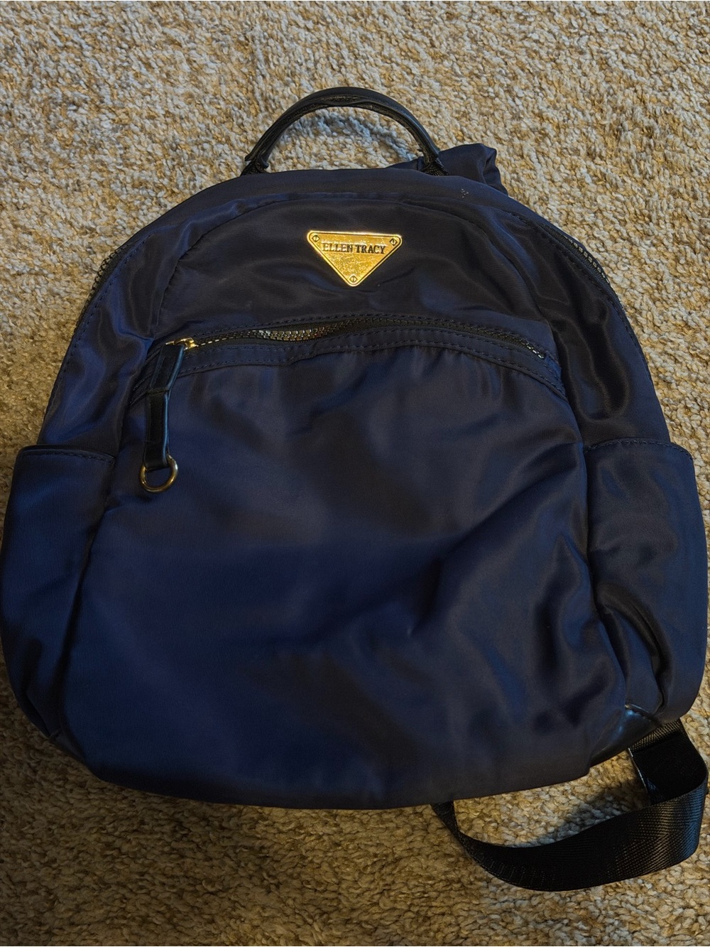 Ellen Tracy Navy Backpack with Gold Triangle Emblem